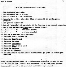 Programa pentru concursul profesional, aparținând Ioanei Em. Petrescu, lector la Facultatea de Filologie a Universității "Babeș-Bolyai" Cluj